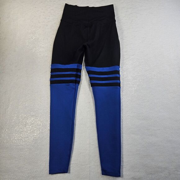 Bombshell Sportswear Leggings Womens Size XS Blue Black White Striped Logo Gym - Picture 2 of 9